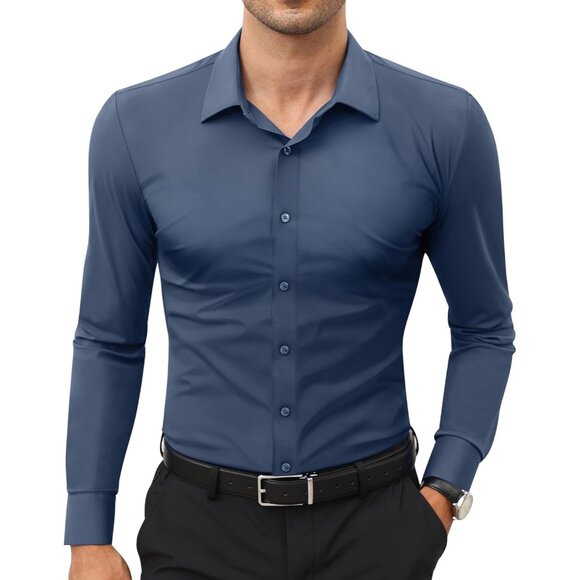 Men Dark Grey Long Sleeve Slim Muscle Fit Wrinkle Free Button Down Dress Shirts - Picture 1 of 9